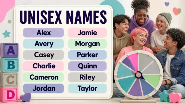 A laughing group of people with a unisex names chart