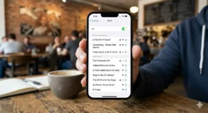 A man holding a mobile having different funny wifi names on screen
