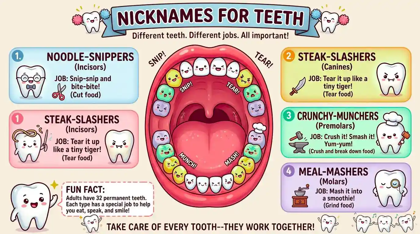 A teeth shape with different nicknames for teeth