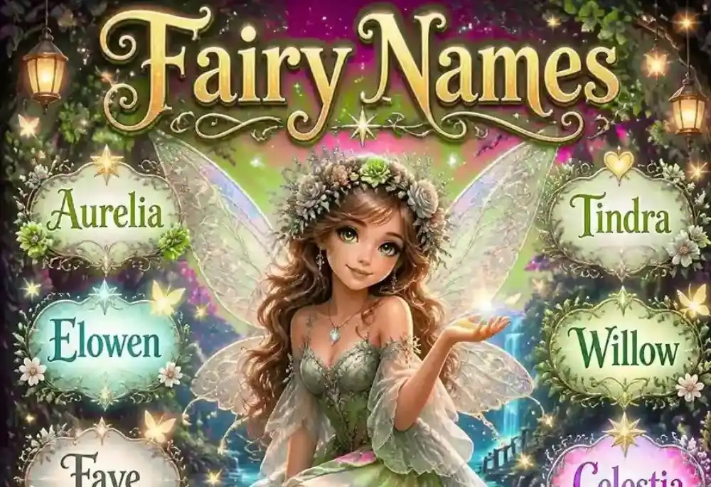 A beauitiful fairy with green background with fairy names